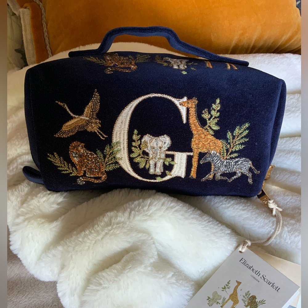 Elizabeth Scarlett Navy Velvet Open Flat Makeup Bag Embroidered G